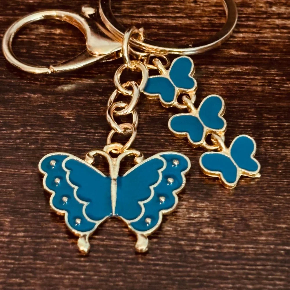 Blue Enamel Butterfly Keychain Gold Tone Lobster Clasp Bag Charm Accessory